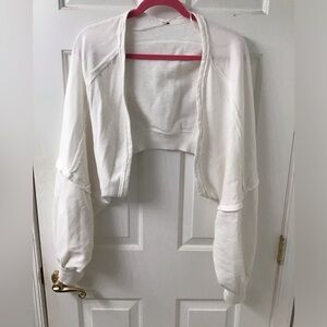 FREE PEOPLE WHITE CROP JACKET TOP SZ S TERRY LINED COCOON ARMS DISTRESSED GUC